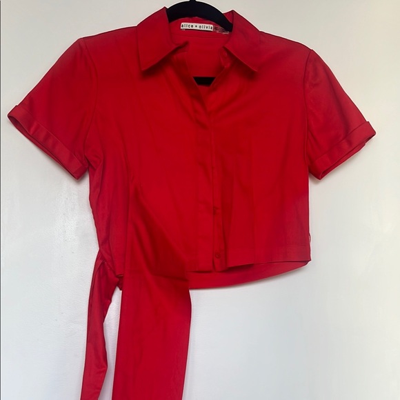 Alice + Olivia Tops - Alice + Olivia Red Crop Tie Front Button Down Shirt